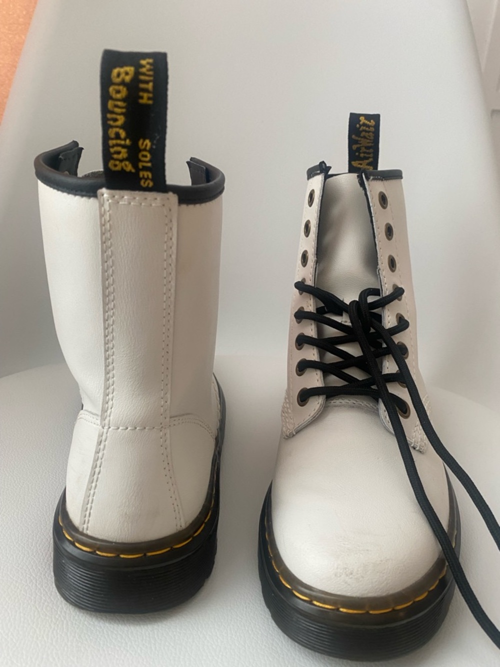 Dr. Martens White Leather Lace-Up Combat Boots with Black Laces - Picture 2 of 6